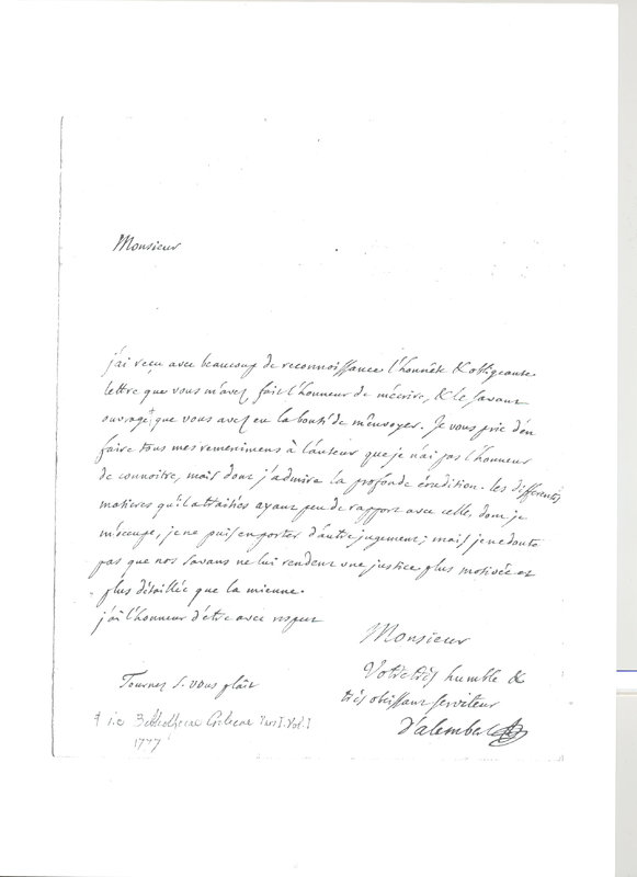 Lettre de D'Alembert à Non identifié, septembre 1777 Lettre de D'Alembert à Non identifié, septembre 1777