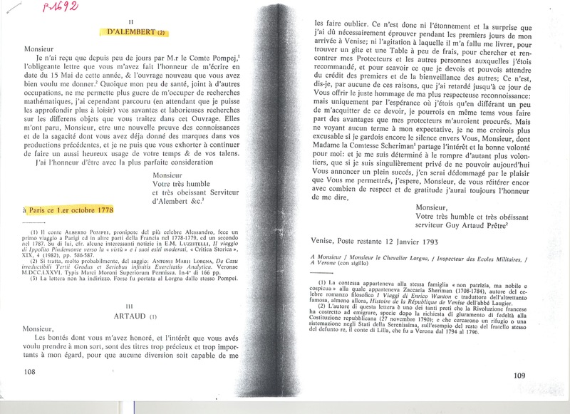 Lettre de D'Alembert à Lorgna, 1er octobre 1778 Lettre de D'Alembert à Lorgna, 1er octobre 1778