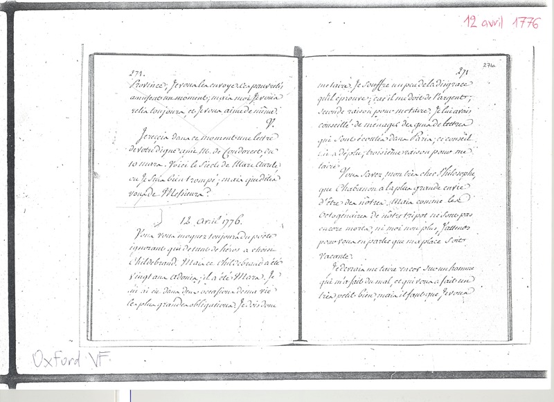 Lettre de Voltaire à D'Alembert, 12 avril 1776 Lettre de Voltaire à D'Alembert, 12 avril 1776