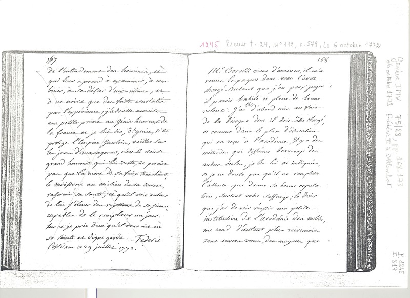 Lettre de Frédéric II à D'Alembert, 6 octobre 1772 Lettre de Frédéric II à D'Alembert, 6 octobre 1772