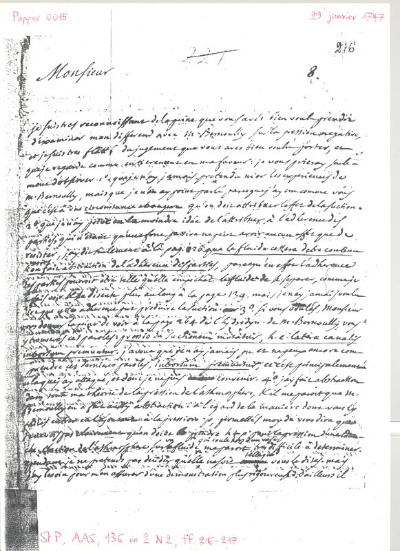 Lettre de D'Alembert à Euler Leonhard, 29 janvier 1747 Lettre de D'Alembert à Euler Leonhard, 29 janvier 1747
