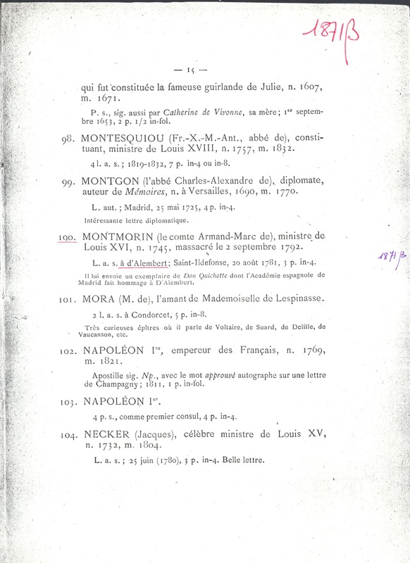 Lettre de Montmorin à D'Alembert, 20 août 1781 Lettre de Montmorin à D'Alembert, 20 août 1781