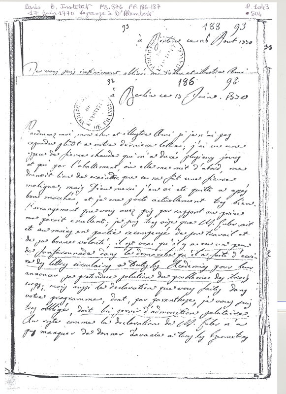 Lettre de Lagrange à D'Alembert, 17 juin 1770 Lettre de Lagrange à D'Alembert, 17 juin 1770