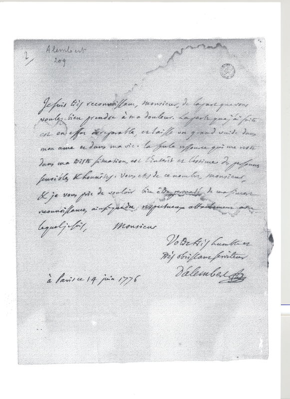 Lettre de D'Alembert à Baculard d'Arnaud, 14 juin 1776