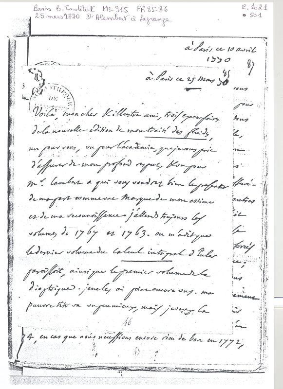 Lettre de D'Alembert à Lagrange, 25 mars 1770 Lettre de D'Alembert à Lagrange, 25 mars 1770