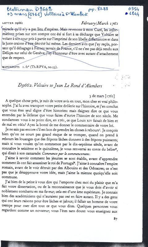 Lettre de Voltaire à D'Alembert, 3 mars 1761