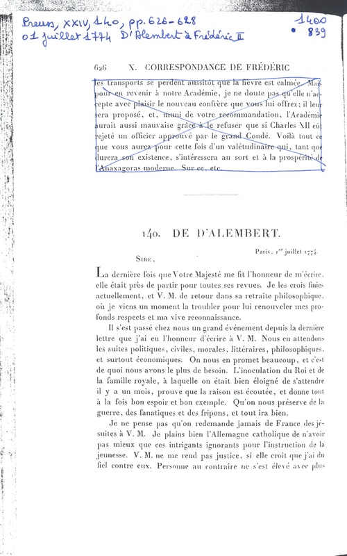 Lettre de D'Alembert à Frédéric II, 1er juillet 1774 Lettre de D'Alembert à Frédéric II, 1er juillet 1774