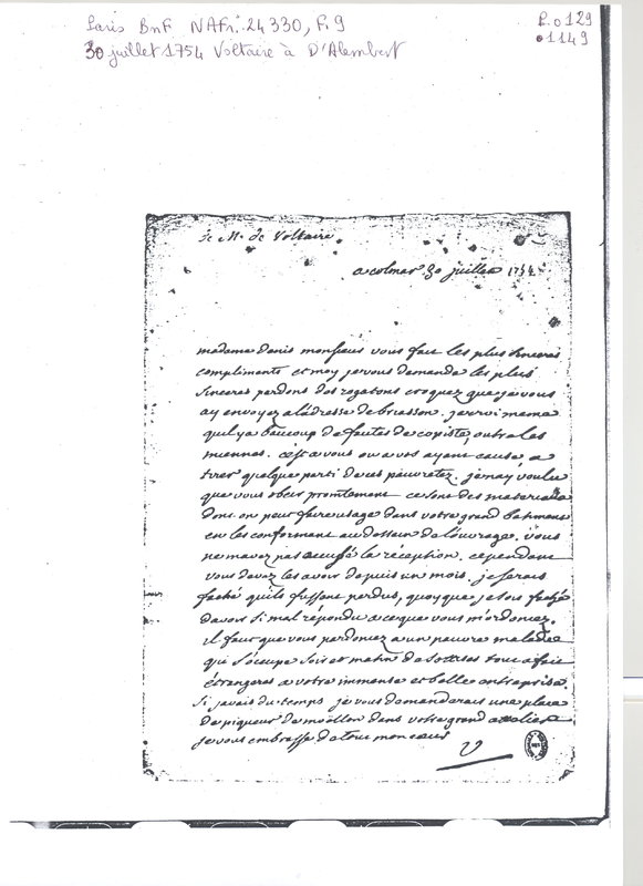 Lettre de Voltaire à D'Alembert, 30 juillet 1754 Lettre de Voltaire à D'Alembert, 30 juillet 1754