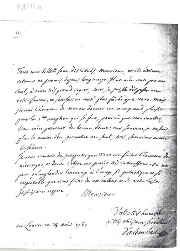 Lettre de D'Alembert à La Maillardière, 24 août 1781 Lettre de D'Alembert à La Maillardière, 24 août 1781