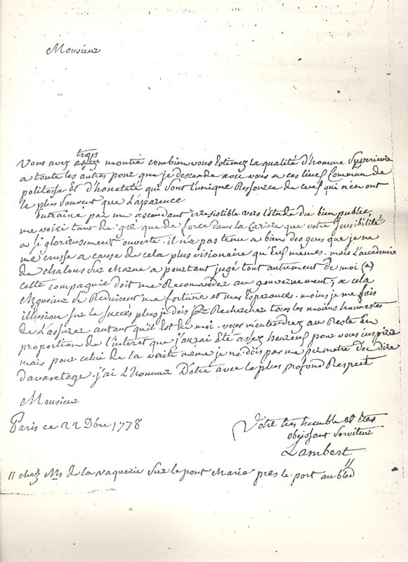 Lettre de Lambert Antoine Simon à D'Alembert, 22 décembre 1778