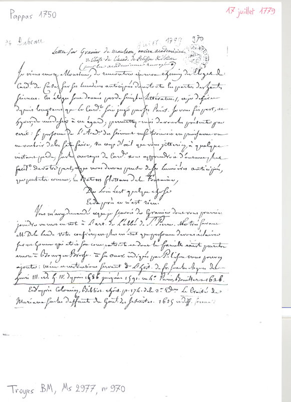 Lettre de Grosley à D'Alembert, 17 juillet 1779 Lettre de Grosley à D'Alembert, 17 juillet 1779