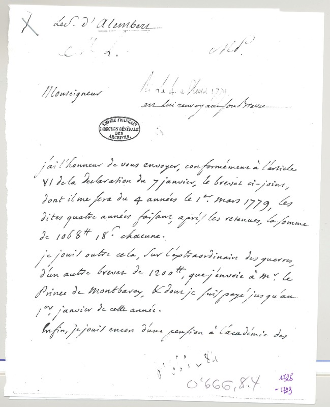 Lettre de D'Alembert à Amelot de Chaillou, 27 février 1779 Lettre de D'Alembert à Amelot de Chaillou, 27 février 1779