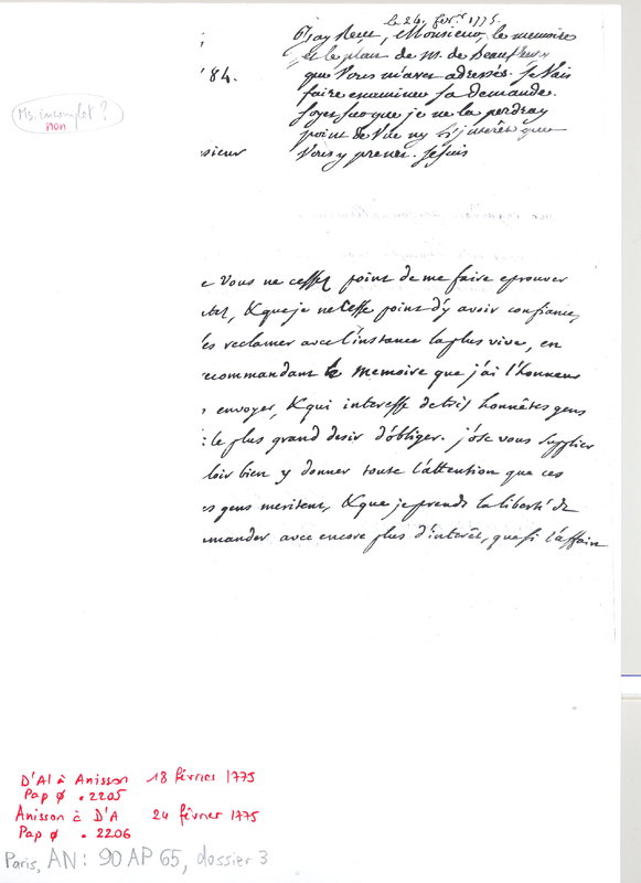 Lettre de D'Alembert à Anisson Duperron, 18 février 1775 Lettre de D'Alembert à Anisson Duperron, 18 février 1775