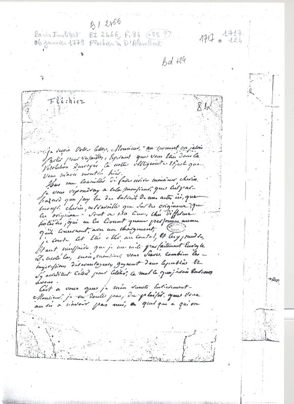 Lettre de Flechier à D'Alembert, 6 janvier 1779 Lettre de Flechier à D'Alembert, 6 janvier 1779