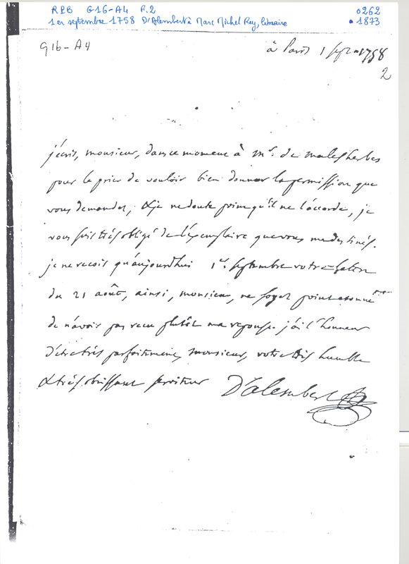 Lettre de D'Alembert à Rey, 1er septembre 1758 Lettre de D'Alembert à Rey, 1er septembre 1758