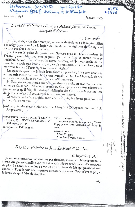 Lettre de Voltaire à D'Alembert, 18 janvier 1767 Lettre de Voltaire à D'Alembert, 18 janvier 1767