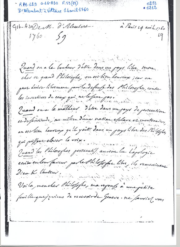 Lettre de D'Alembert à Voltaire, 14 avril 1760 Lettre de D'Alembert à Voltaire, 14 avril 1760