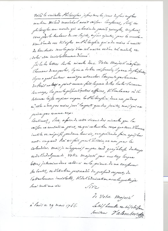 Lettre de D'Alembert à Frédéric II, 29 mars 1766 Lettre de D'Alembert à Frédéric II, 29 mars 1766