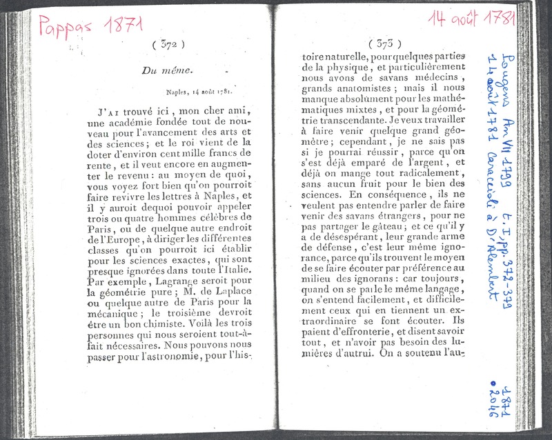 Lettre de Caracciolo à D'Alembert, 14 août 1781 Lettre de Caracciolo à D'Alembert, 14 août 1781