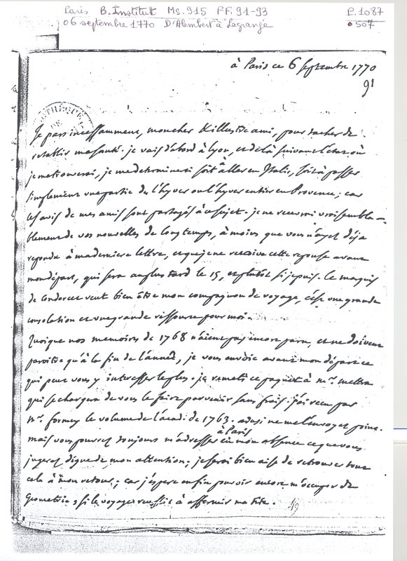 Lettre de D'Alembert à Lagrange, 6 septembre 1770 Lettre de D'Alembert à Lagrange, 6 septembre 1770