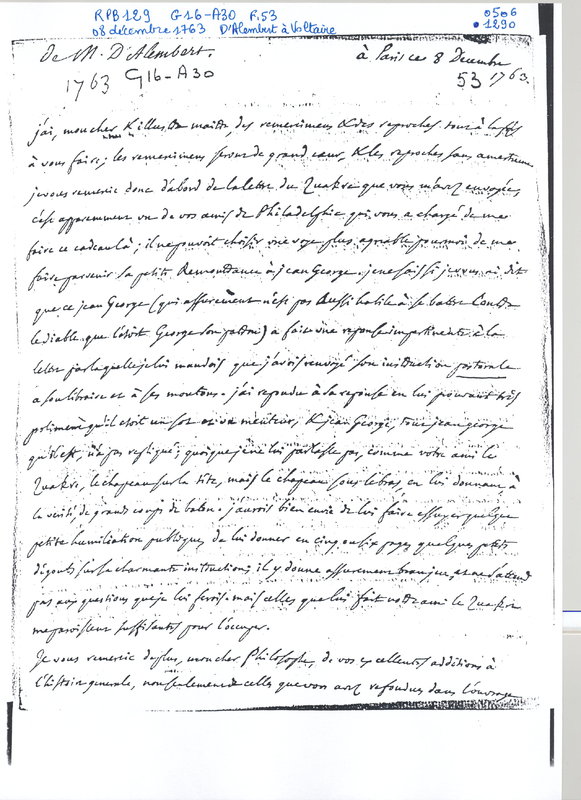 Lettre de D'Alembert à Voltaire, 8 décembre 1763 Lettre de D'Alembert à Voltaire, 8 décembre 1763