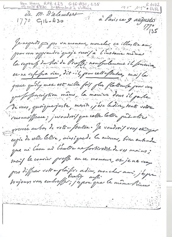 Lettre de D'Alembert à Voltaire, 9 août 1770 Lettre de D'Alembert à Voltaire, 9 août 1770