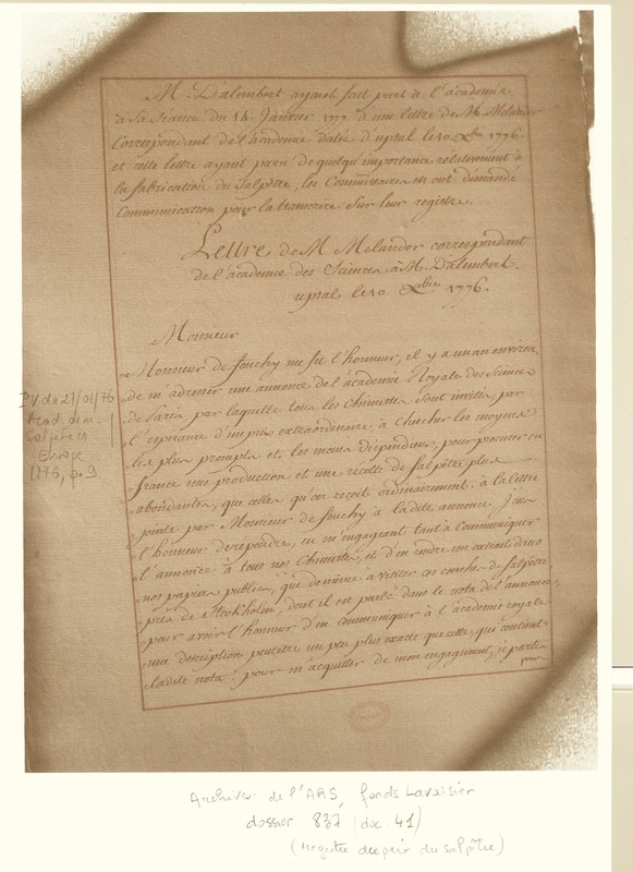 Lettre de Melanderhjelm à D'Alembert, 10 décembre 1776 Lettre de Melanderhjelm à D'Alembert, 10 décembre 1776