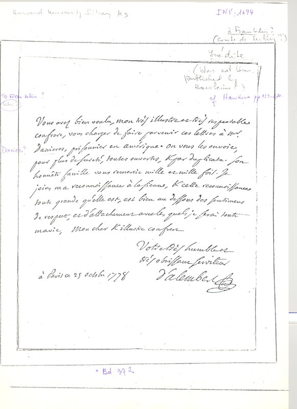 Lettre de D'Alembert à Franklin, 25 octobre 1778 Lettre de D'Alembert à Franklin, 25 octobre 1778
