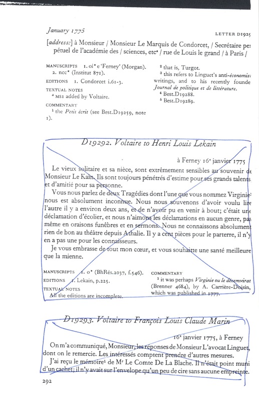 Lettre de Voltaire à D'Alembert et Condorcet, 16 janvier 1775 Lettre de Voltaire à D'Alembert et Condorcet, 16 janvier 1775