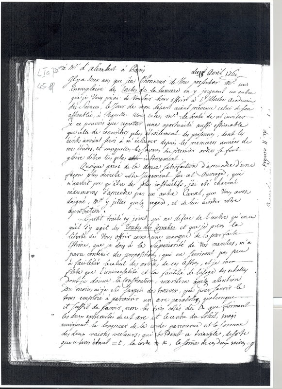 Lettre de Lambert Jean Henri à D'Alembert, 15 avril 1761 Lettre de Lambert Jean Henri à D'Alembert, 15 avril 1761