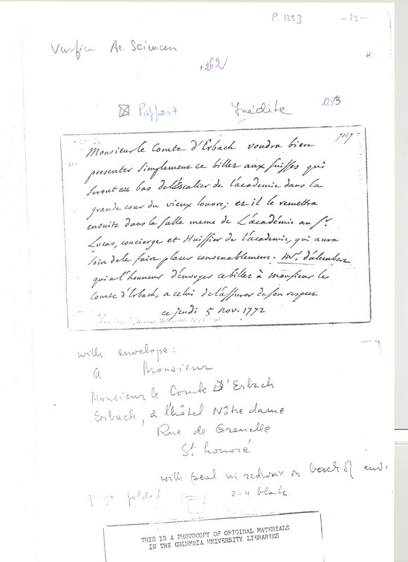 Lettre de D'Alembert à Erbach, 5 novembre 1772 Lettre de D'Alembert à Erbach, 5 novembre 1772