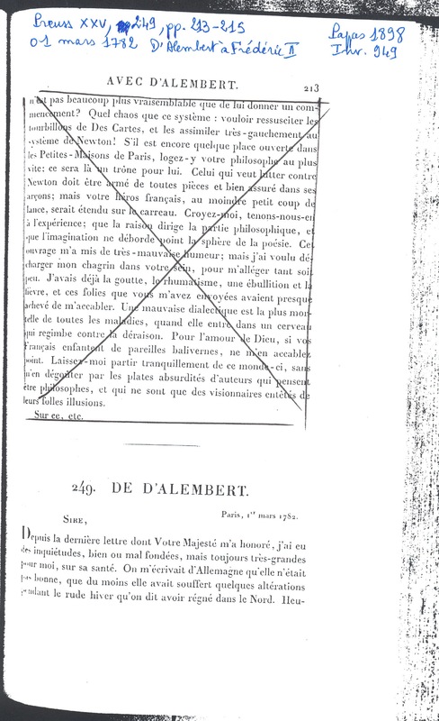Lettre de D'Alembert à Frédéric II, 1er mars 1782 Lettre de D'Alembert à Frédéric II, 1er mars 1782
