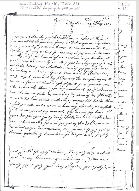 Lettre de Lagrange à D'Alembert, 29 mai 1775 Lettre de Lagrange à D'Alembert, 29 mai 1775