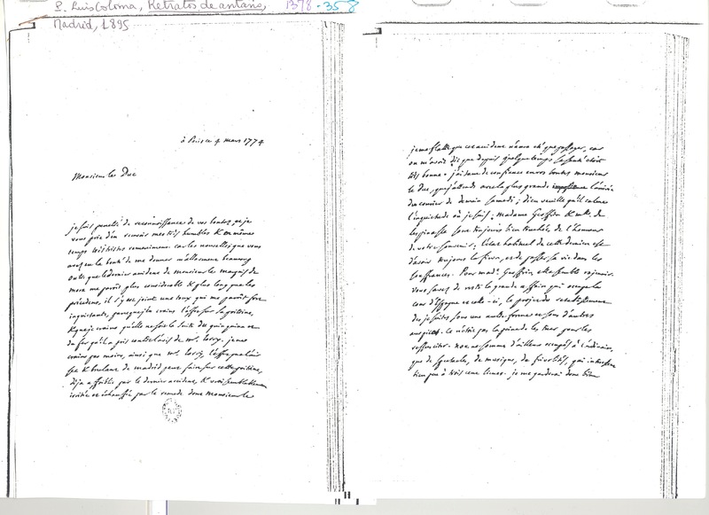 Lettre de D'Alembert à Villahermosa, 4 mars 1774 Lettre de D'Alembert à Villahermosa, 4 mars 1774