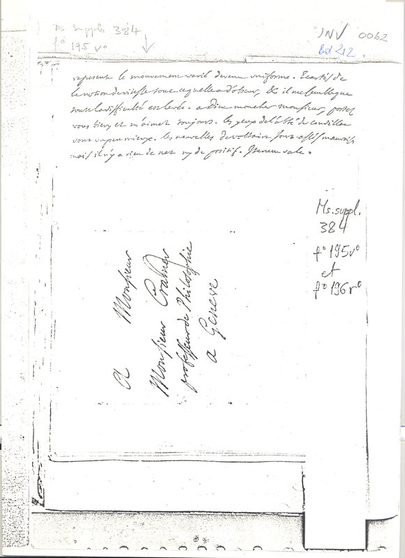 Lettre de D'Alembert à Cramer, 15 février 1751 Lettre de D'Alembert à Cramer, 15 février 1751