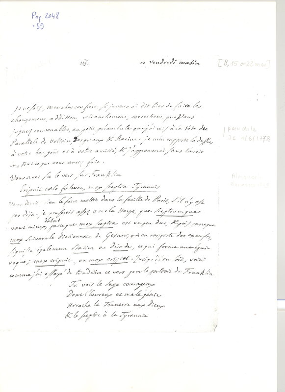 Lettre de D'Alembert à Suard Jean Baptiste Antoine, 22 mai 1778 Lettre de D'Alembert à Suard Jean Baptiste Antoine, 22 mai 1778