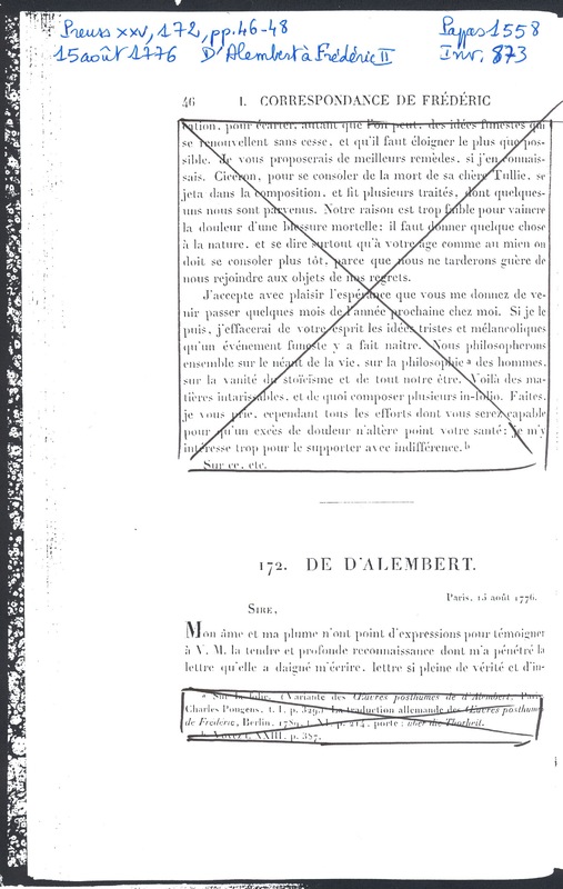 Lettre de D'Alembert à Frédéric II, 15 août 1776