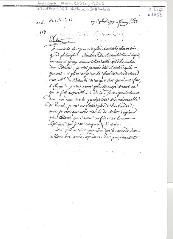 Lettre de Voltaire à D'Alembert, 27 octobre 1777 Lettre de Voltaire à D'Alembert, 27 octobre 1777
