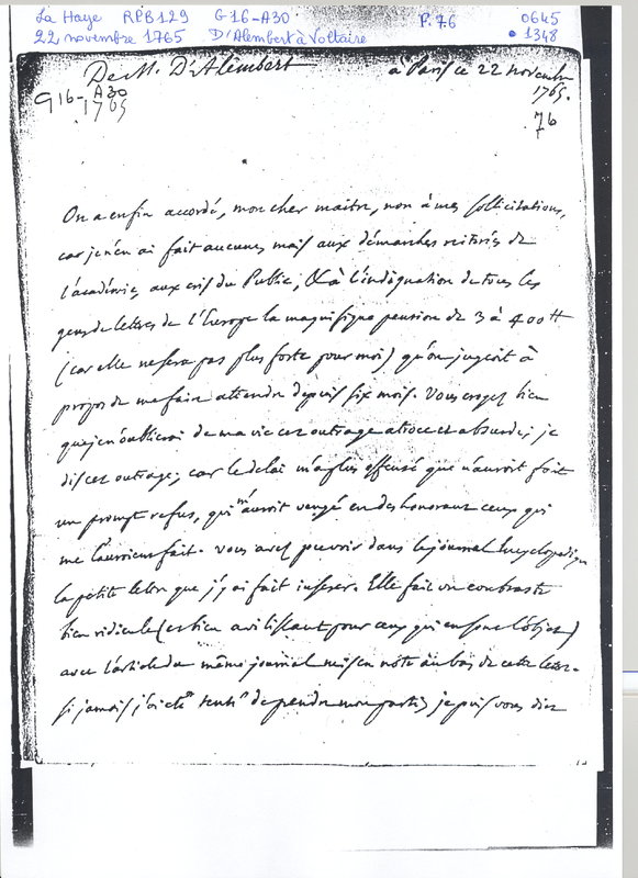 Lettre de D'Alembert à Voltaire, 22 novembre 1765 Lettre de D'Alembert à Voltaire, 22 novembre 1765