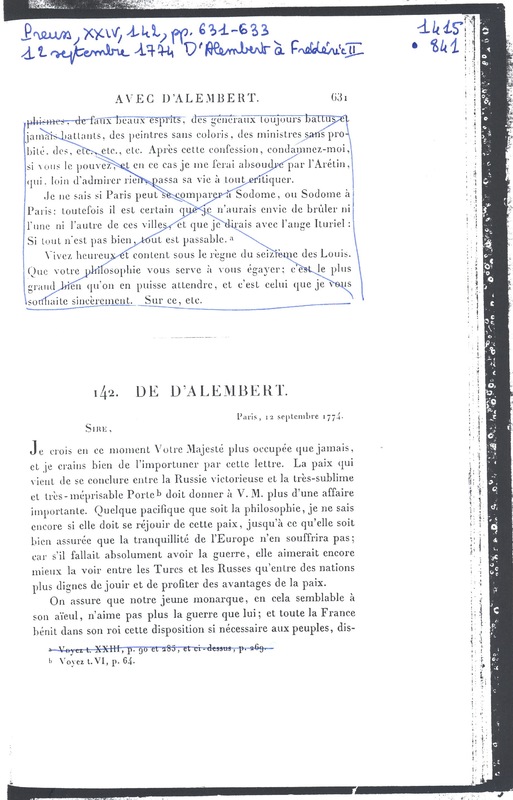 Lettre de D'Alembert à Frédéric II, 12 septembre 1774 Lettre de D'Alembert à Frédéric II, 12 septembre 1774