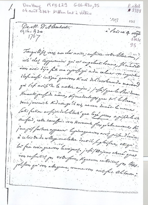 Lettre de D'Alembert à Voltaire, 4 août 1767 Lettre de D'Alembert à Voltaire, 4 août 1767