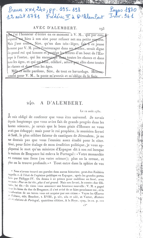 Lettre de Frédéric II à D'Alembert, 12 août 1781 Lettre de Frédéric II à D'Alembert, 12 août 1781