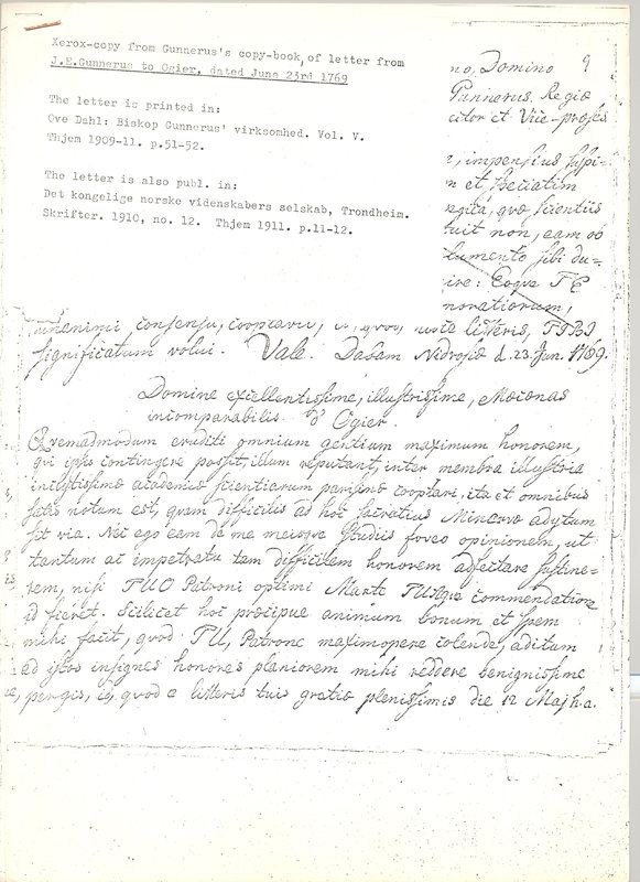 Lettre de Gunnerus à D'Alembert, 23 juin 1769 Lettre de Gunnerus à D'Alembert, 23 juin 1769