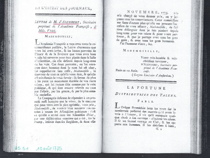 Lettre de D'Alembert à Mme Lebrun (Vigée), 10 août 1775