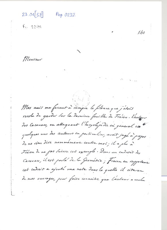 Lettre de D'Alembert à Malesherbes, 23 janvier 1758 Lettre de D'Alembert à Malesherbes, 23 janvier 1758