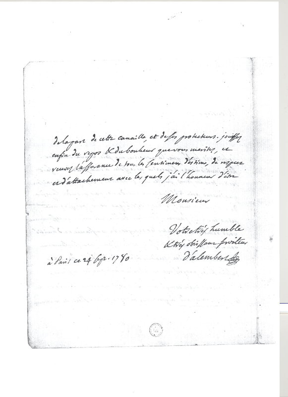 Lettre de D'Alembert à Portelance, 24 septembre 1780 Lettre de D'Alembert à Portelance, 24 septembre 1780