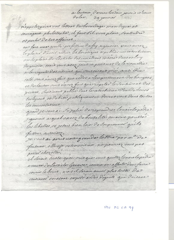 Lettre de Voltaire à D'Alembert, 29 janvier 1758 Lettre de Voltaire à D'Alembert, 29 janvier 1758
