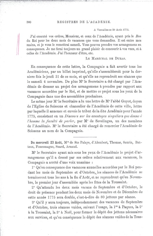 Lettre de Duras à D'Alembert, 20 août 1775 Lettre de Duras à D'Alembert, 20 août 1775
