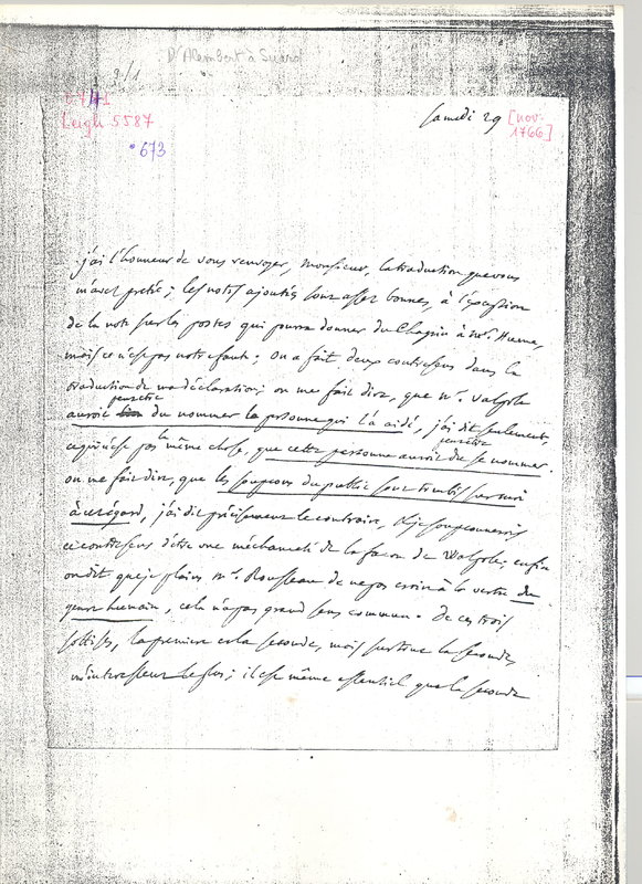 Lettre de D'Alembert à Suard Jean Baptiste Antoine, 29 novembre 1766 Lettre de D'Alembert à Suard Jean Baptiste Antoine, 29 novembre 1766
