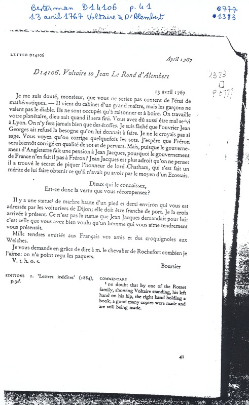 Lettre de Voltaire à D'Alembert, 13 avril 1767 Lettre de Voltaire à D'Alembert, 13 avril 1767